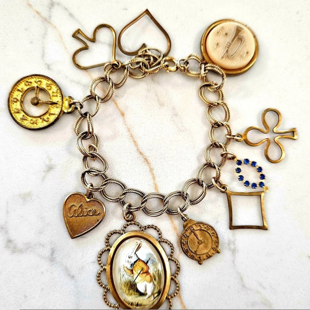Vintage Alice in Wonderland  Charm Bracelet with White Rabbit /Novelty Charms
